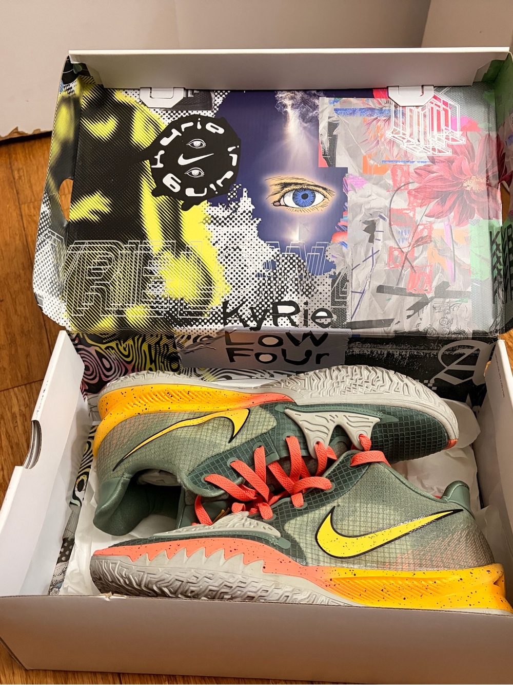 Nike Kyrie Irving Olive Basketball Shoes with Yellow Swoosh and Coral Accents